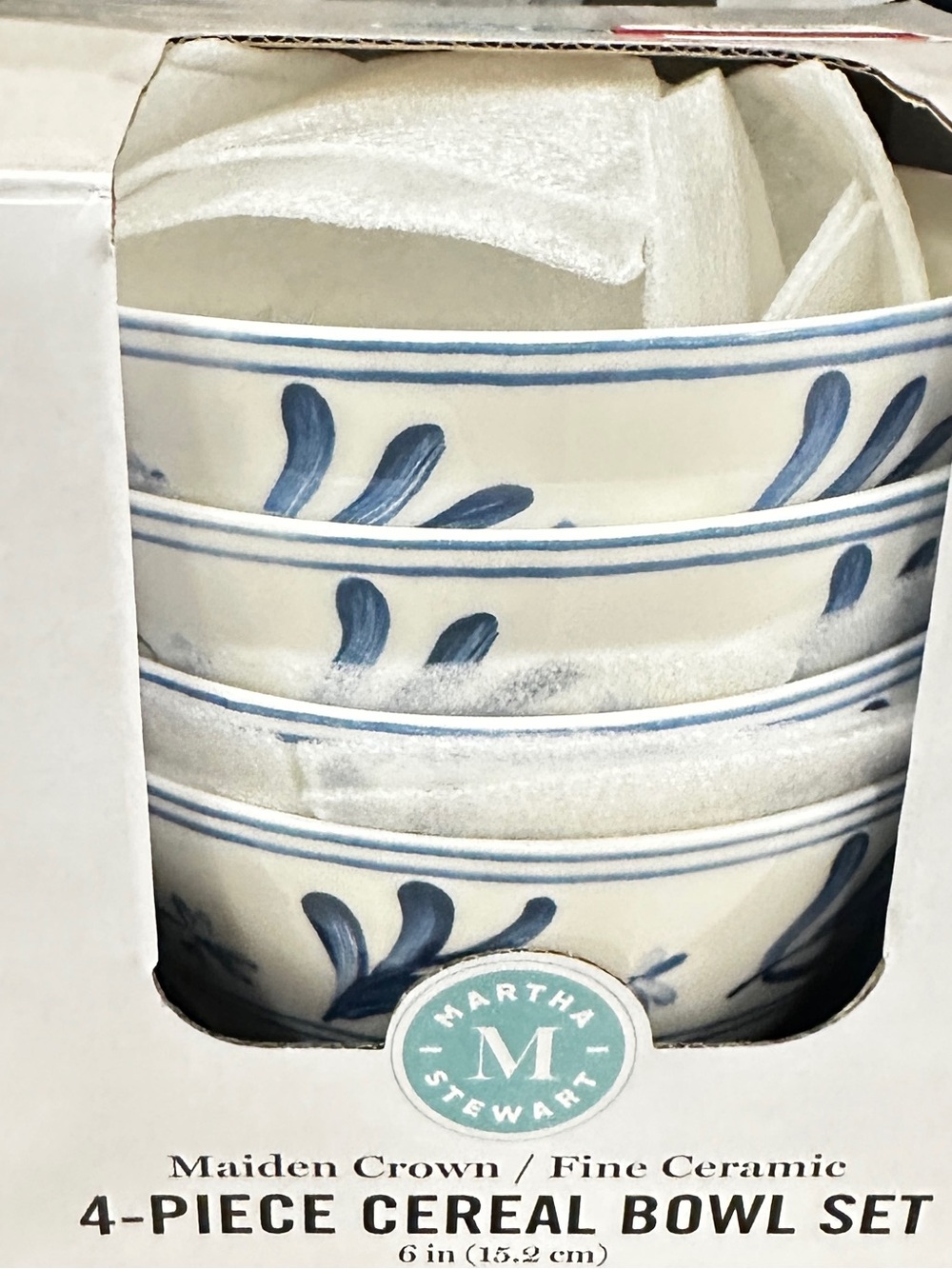 Martha Stewart Blue and White Hand-Painted Floral 4-Cereal Bowls Maiden Crown